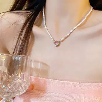 Ожерелье из розового циркония и барочного жемчуга - легкие роскошные украшения на ключицу X1183 серебряный
