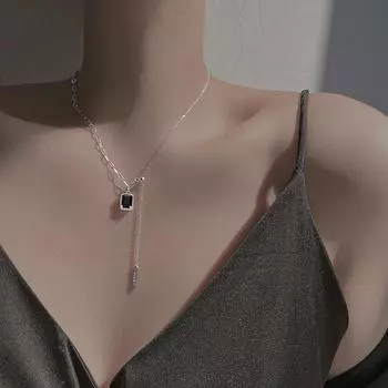 Ожерелье из стерлингового серебра 925 пробы, милая крутая девушка, черный бриллиант с квадратной кисточкой и цепочкой на ключице, ожерелье с цепочкой черного квадрата, фирменное ожерелье