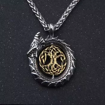 Ожерелье Jormungandr Around Tree of Life, мужское золотое ожерелье с подвеской Viking Dragon Tree of Life, ирландский узел, серебряный подарок