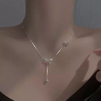 Ожерелье с бантом и кисточкой, женское, S999 чистое серебро, легкая роскошная цепочка для ключицы, универсальное модное ожерелье 999