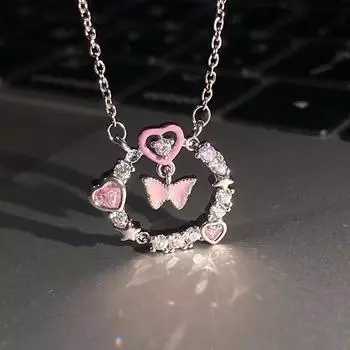 Ожерелье с розовой бабочкой Love, женское легкое роскошное красивое ожерелье с бриллиантами, весенняя цепочка с воротником-бабочкой Dream 41-50cm розовый