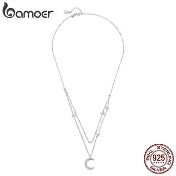 Ожерелья-подвески BAMOER из натурального серебра 925 пробы с луной и звездами, двухслойные цепочки с подвесками