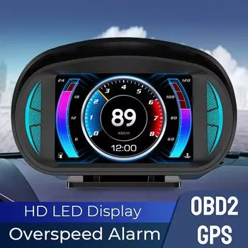 P2 Двойная система HUD OBD2 GPS Спидометр Сигнализация превышения скорости Турбо-тест тормозов Автомобильный дисплей на лобовом стекле Охранная сигнализация Измеритель угла наклона Цифровая сигнализация скорости