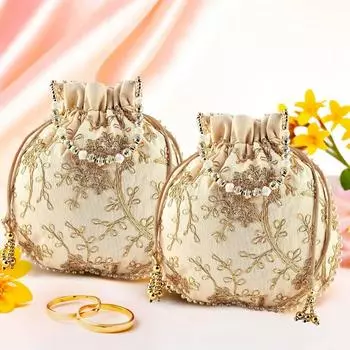 Pack of 2 Potli Bags for Ladies & Girls | Women Shagun Pouches for Festive Seasons | Embroidery Batwa Bag Bridal Purse -Cream