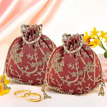 Pack of 2 Potli Bags for Ladies & Girls | Women Shagun Pouches for Festive Seasons | Embroidery Batwa Bag Bridal Purse -Maroon