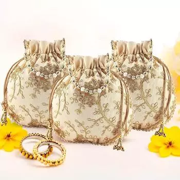 Pack of 3 Potli Bags for Ladies & Girls | Women Shagun Pouches for Festive Seasons | Embroidery Batwa Bag Bridal Purse -Cream