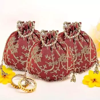 Pack of 3 Potli Bags for Ladies & Girls | Women Shagun Pouches for Festive Seasons | Embroidery Batwa Bag Bridal Purse -Maroon