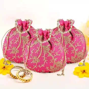 Pack of 3 Potli Bags for Ladies & Girls | Women Shagun Pouches for Festive Seasons | Embroidery Batwa Bag Bridal Purse -Pink