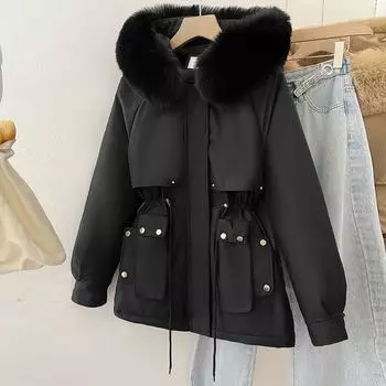Padded and thickened clothes, cotton clothes, women s winter, 2025 new Korean cotton clothes, large fur collars, short hooded padded jackets M