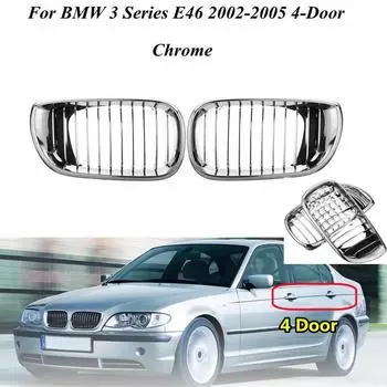 Pair Chrome Front Center Kidney Hood Grille Grill For BMW E46 Saloon 4 Doors 3 Series 2002 - 2005 320i 325Xi 330Xi Kidney Grill Chrome Black
