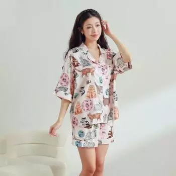 Pajamas, Women s Cartoon Printed Suit, Short Sleeved Shorts, High-end Home Clothes, Worn for External Wear M