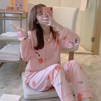 Pajamas Women s Long-Sleeved Long Trousers Cartoon Cute Thin Home Clothing Fashion Cardigan Women s Pajamas Sweet Prints one size синий