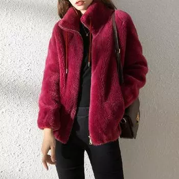 Пальто Furry Teddy на шнурке, женская меховая верхняя одежда, повседневная теплая куртка с длинным рукавом на молнии с мягкой плюшевой подкладкой, идеально подходит для повседневной носки зимой M дубильная кора