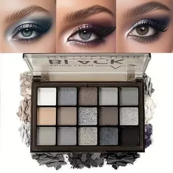 Палитра теней для век Smoky Eyeshadow Palette из 15 оттенков. Стойкие высокопигментированные тени для век с универсальными матовыми и блестящими покрытиями, панковские черные и оттенки серого