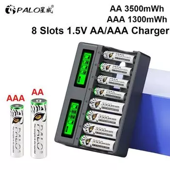 PALO 1,5 В 3500 МВтч AA/AAA литий-ионная аккумуляторная батарея с 8 слотами + литий-ионные батареи AA/ AAA 1Charger+4AA battery