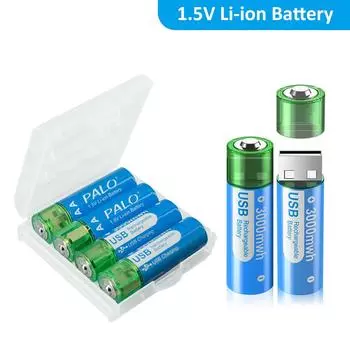 PALO 1,5 В AA 3000 мВтч USB литий-ионный аккумулятор 1,5 В AA литий-ионные аккумуляторы для игрушечных часов для мыши 4 pcs зелёный