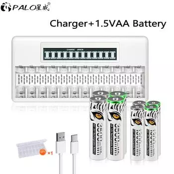 Аккумуляторная батарея PALO 1,5 В AAA+AA Li-ion, литиевые батареи AAA AA, аккумулятор с низким саморазрядом 2A 3A с батарейным отсеком 1pcs Charger