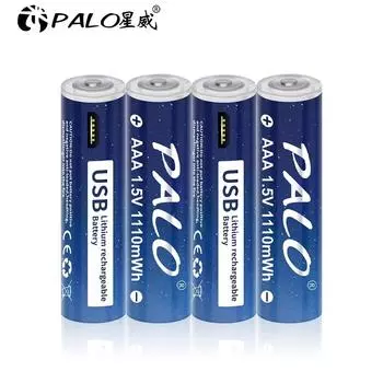 PALO 1,5 В литий-ионная батарея AAA 1110 мВтч литий-полимерная USB-перезаряжаемая литиевая USB-батарея AAA + USB-кабель 2PCS