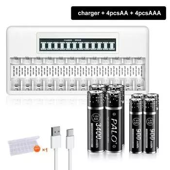 PALO 3400mWh 1.5V AA 900mWh 1.5V AAA литий-ионная аккумуляторная батарея AA AAA литиевые батареи +12 слотов 1.5V AA AAA зарядное устройство для аккумуляторов charger+4aaa