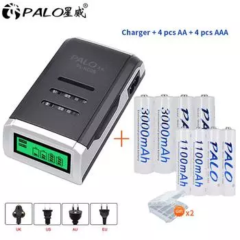 PALO 4 шт. AA 3000 мАч + 4 шт. AAA 1100 мАч аккумуляторная батарея 1,2 В Ni-MH + 4 слота интеллектуальное зарядное устройство с ЖК-дисплеем для батарей AA AAA US plug