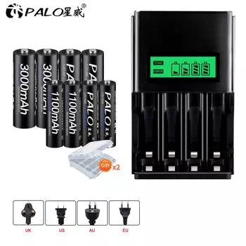 PALO 4 шт. AA 3000 мАч + 4 шт. AAA 1100 мАч 1,2 В Ni-MH аккумуляторная батарея + 4 слота смарт-зарядное устройство с ЖК-дисплеем для батарей AA AAA US plug