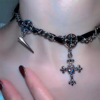 Панк Dark Wind Алмазный крест ожерелье ювелирные изделия Spice Girl Goth Универсальный нишевый дизайн цепочка на шею ключица цепочка