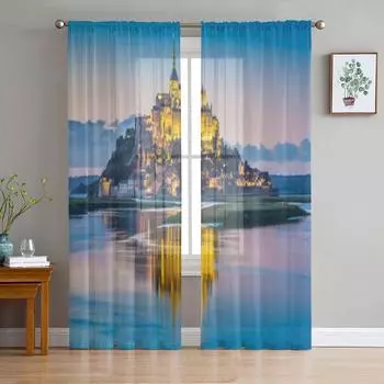 Panoramic View Of St Michel s Tidal Island In Normandy Tulle Sheer Curtains for Living Room Kitchen Decor Voile Organza Curtain 135W x 114H(cm)