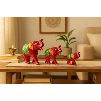 Paper Mache Elephant Showpiece for Enhance Home Decor - Red (Set of 3)