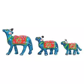 Paper Mache Showpiece Cow for Home Decoration (Sky Blue, Set of 3)