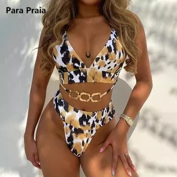 Para Praia 2024, комплект бикини с леопардовым принтом и высоким вырезом, женский купальник с высокой талией, женский купальник с металлическим кольцом, купальный костюм для женщин S леопардовый