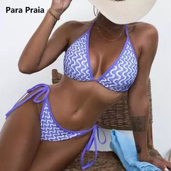 Para Praia бикини с волнистым принтом 2024, сексуальный купальник с пуш-ап лямкой на шее, женский бандажный бразильский купальник, стринги, купальный костюм S фиолетовый