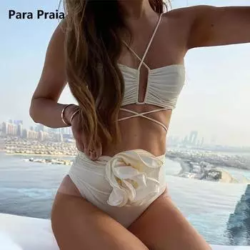 Para Praia Cross Холтер Бандо Комплект Бикини 2023 Сексуальный 3D Цветочный Купальник Женский Купальник Бикини с Высокой Талией Бандажный Купальный Костюм S бежевый