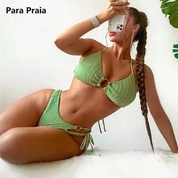 Para Praia Холтер Бикини с Кольцом Стринги Купальник 2024 Зеленый Морщинистый Женский Купальник Бандажный Комплект Бикини Из Двух Частей Купальный Костюм S зелёный
