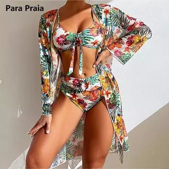 Para Praia сексуальное бразильское бикини 2024 купальник из трех частей с платьем с длинными рукавами стринги купальники женские бикини пляжная одежда S серый