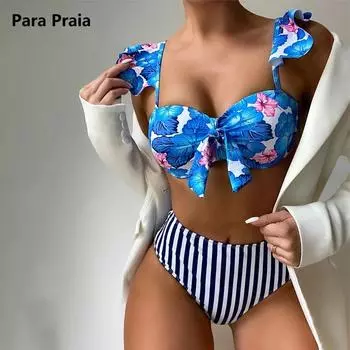 Para Praia, синий цветочный принт, комплект бикини с оборками, полосатый купальник с высокой талией, сексуальный купальник, женский бандажный купальный костюм S синий