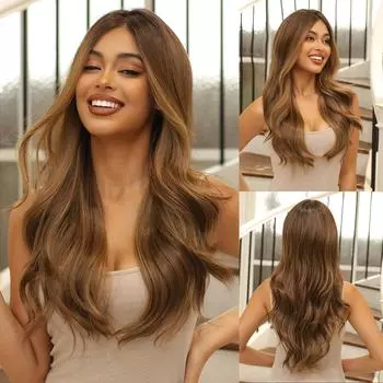 Парик фронта шнурка Темно-коричневый Ombre Highlight Blonde Синтетические длинные волнистые вьющиеся парики для женщин Косплей Парик из волос высокой плотности