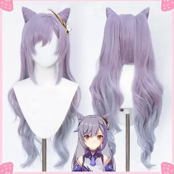 Парик и аксессуары для волос * 2 Genshin Impact Wig Keqing Косплей Фиолетовый Длинные вьющиеся хвостики Уши Рога Косички Термостойкие женские Хэллоуин Бесплатная шапочка для парика Wig&Hair accessories*2 фиолетовый