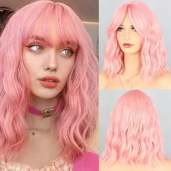 Парик из синтетических волос LISI HAIR, розовый, черный, средняя волна, парик со средней частью челки для женщин, термостойкое волокно, накладные волосы