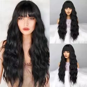 Парик Miss Wig, натуральный черный длинный волнистый парик с челкой, парик из синтетического высокотемпературного волокна, подходит для повседневного ношения, вечерние парики 65cm