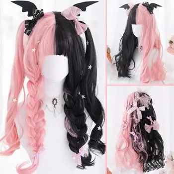 Парик Pink Spell Black Long Roll Synthetic, женский, милый, повседневный, в стиле Лолиты, с прямой челкой, черный, с пудровым оттенком, длинный, в рулоне 60CM