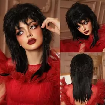 Готический парик в стиле Beetlejuice Lydia — черные прямые волосы для косплея на Хэллоуин, термостойкое синтетическое волокно с предварительно подстриженной челкой 58Cm чёрный