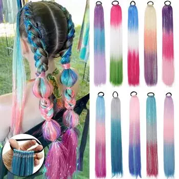 Парик WTB Color Gradient Laser Silk Ponytail Synthetic для девочек, блестящий градиентный длинный парик с цветным градиентом и хвостом 70CM