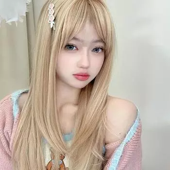 Парик Жен. Длинные волосы Интернет-знаменитостьLisaSame Style Sweet Cute Цвет белого золота Натуральные длинные прямые волосы с челкойJKПарик на всю голову