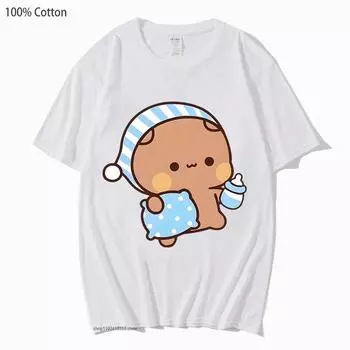 Парные рубашки Kawaii Cute BuBu Panda Going To Sleep with DuDu Bear Graphic Tshirt 100% Cotton Men Women Clothing Long Sleeve Tshirts S чёрный