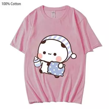 Парные рубашки Kawaii Cute BuBu Panda Going To Sleep with DuDu Bear Graphic Tshirt 100% Cotton Men Women Clothing Long Sleeve Tshirts S чёрный