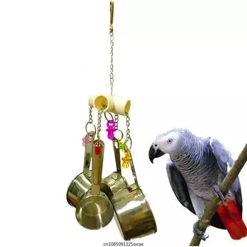 Parrot Toys Durable Bird Pots Toys 4 Stainless Steel Pots String Pullable Cup Music Toys for Cockatiels Parakeet Bird Supplies серебряный