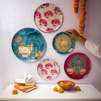 Pastel Pichwai Iron Wall Plates- Set of 5 (Multicolor) | Wall Arts For Home , Living Room, Bedroom, Office Decor | Aesthetic Room Decor Items