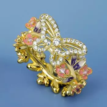Пасторальный стиль Бабочка Цветок Эмаль 18k Золото Дамы Кольцо Бабочка Ювелирные Изделия No. 6