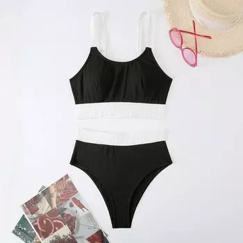 Patchwork Bikini Set Women Swimsuit High Waisted Female Two-Piece Swimwear Backless Bathing Summer Fashion Beachwear S чёрный