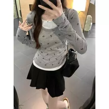 Patchwork Fake Two-piece Set with Contrasting Colors Bow Right Shoulder Long Sleeve Women s T-shirt Autumn Design Inner Top Lower Shirt S